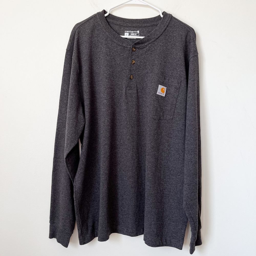 Carhartt Long Sleeve Henley Pocket T-Shirt Mens L Gray‎ Workwear Outdoor TK0128